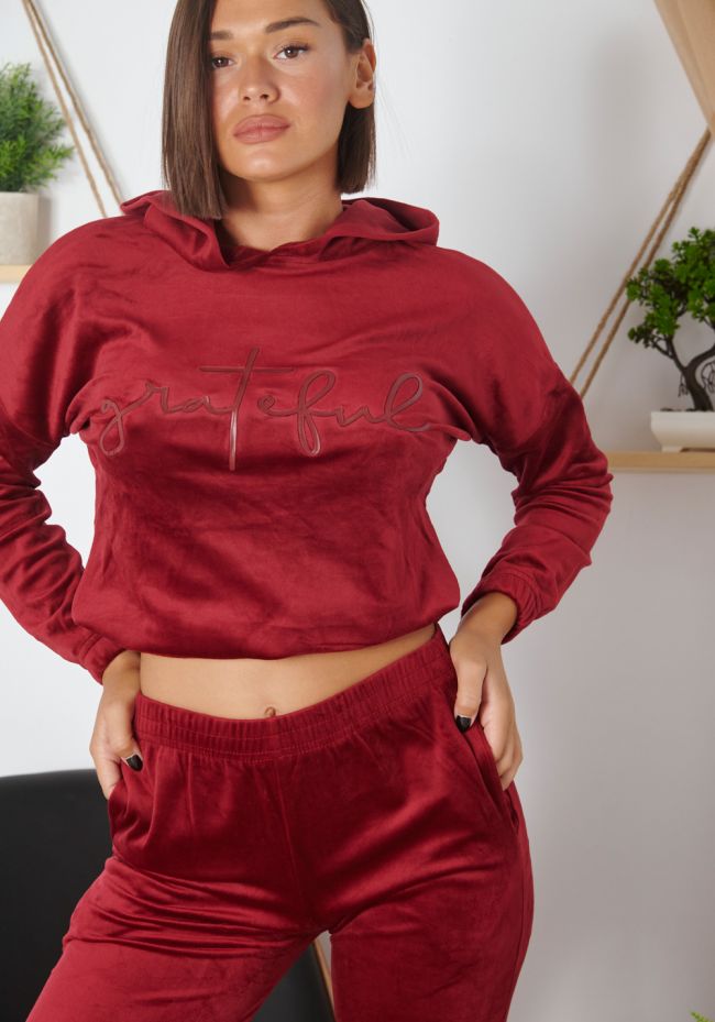 Homewear γυναικείο βελουτέ με logo grateful και κουκούλα