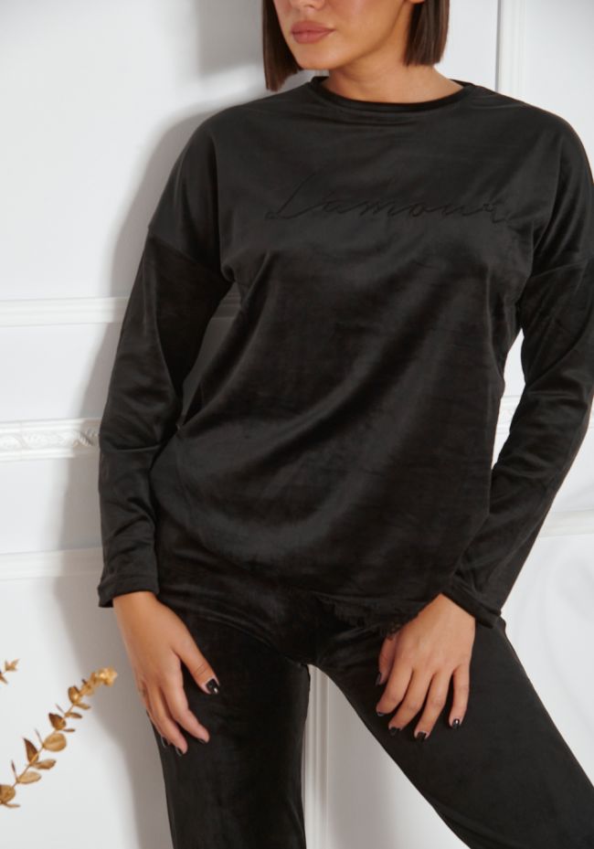 Homewear γυναικείο βελουτέ με logo l'amour και δαντέλα