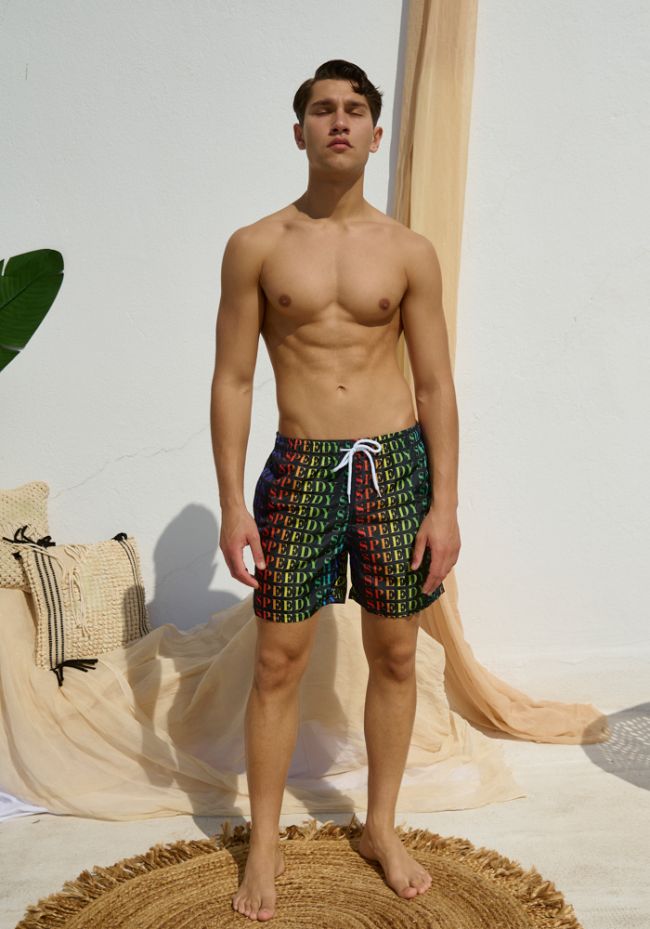 Men's swim shorts with colorful letters