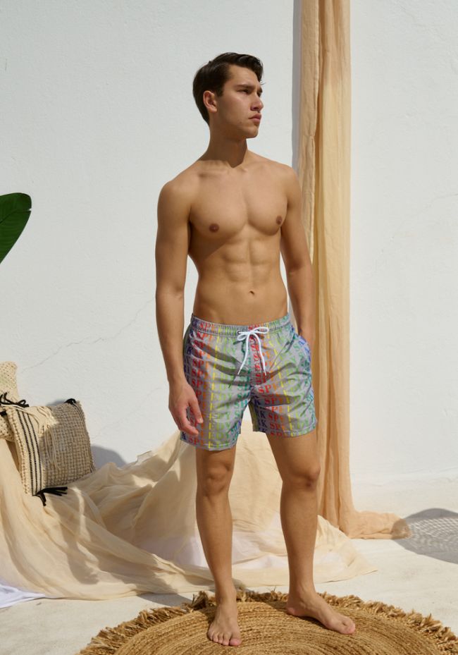 Men's swim shorts with colorful letters