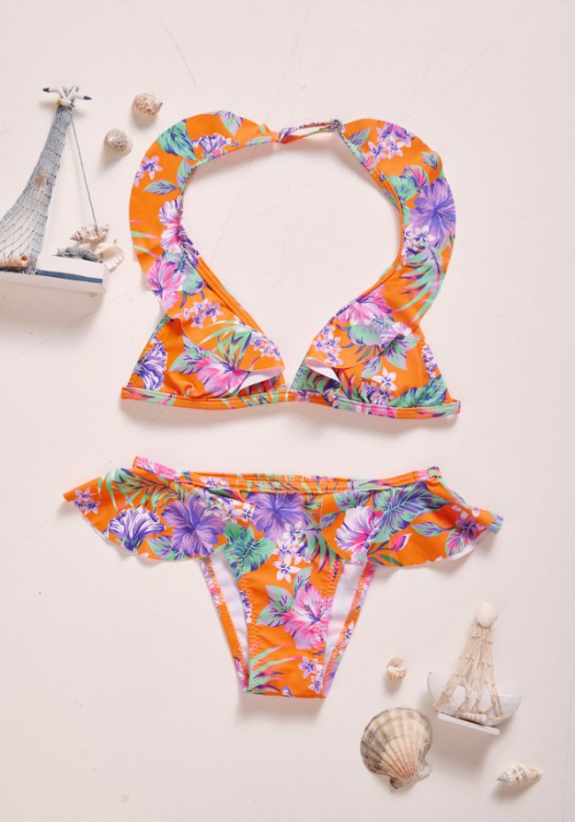 Μαγιό παιδικό σετ μπικίνι floral print με βολάν