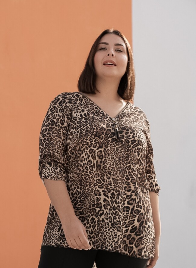 Blouse plus size animal print with zipper