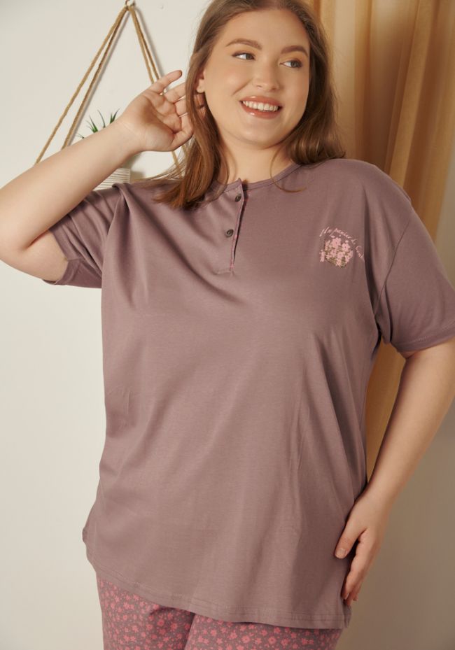 Πιιτζάμα γυναικεία plus size με μακρύ παντελόνι με ανθάκια