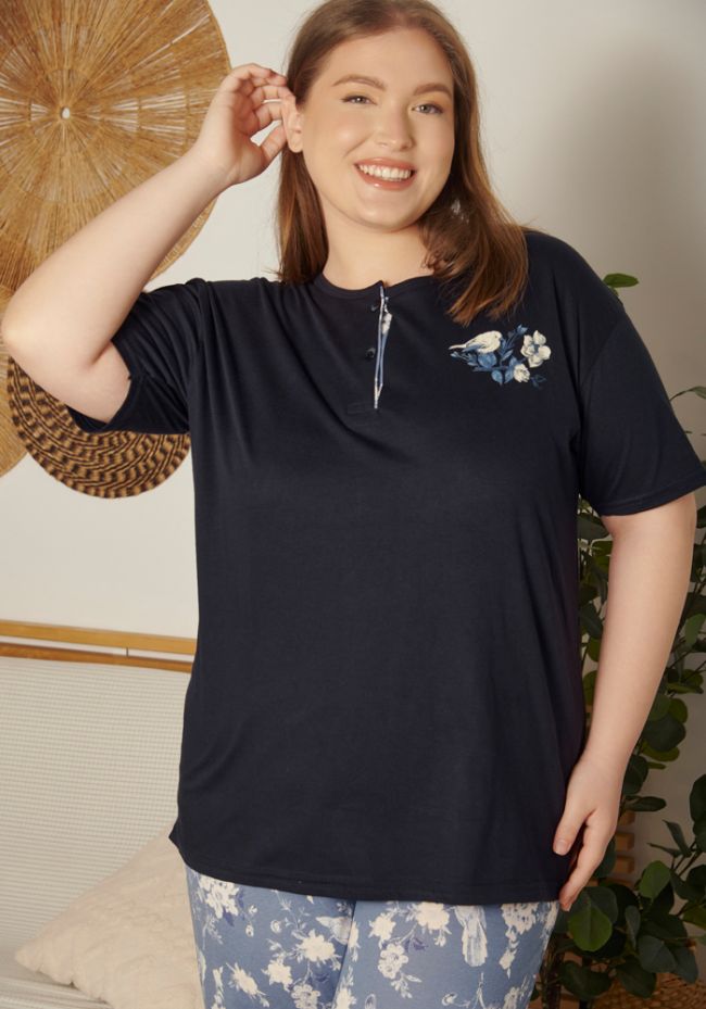 Πιιτζάμα γυναικεία plus size με μακρύ παντελόνι με λουλούδια