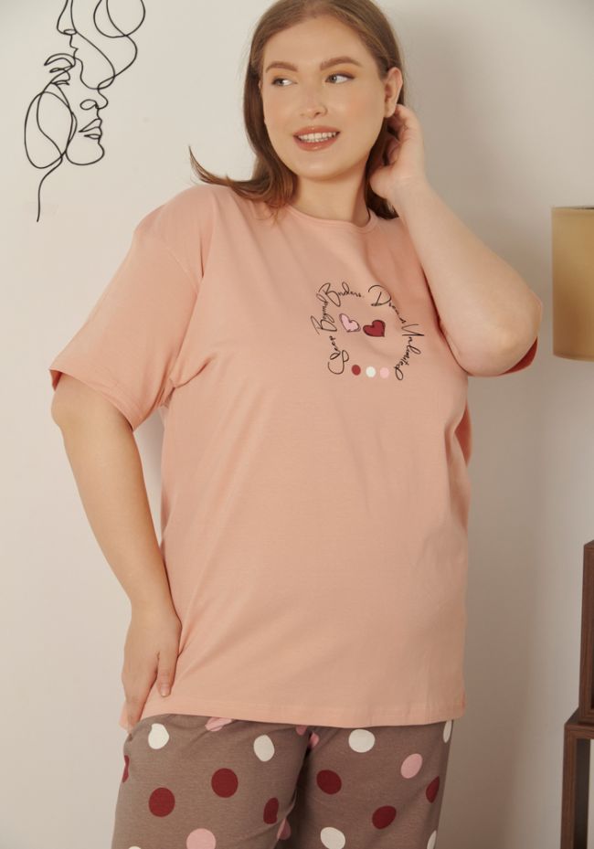 Πιιτζάμα γυναικεία plus size με πουά μακρύ παντελόνι και κυκλικό logo