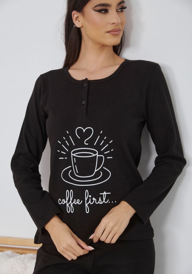 Πιτζάμα γυναικεία με κούπα καφέ και logo