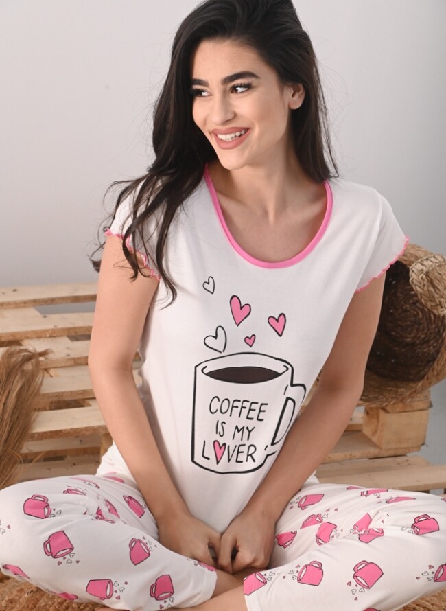 Дамска пижама с чаша за кафе и дълъг панталон