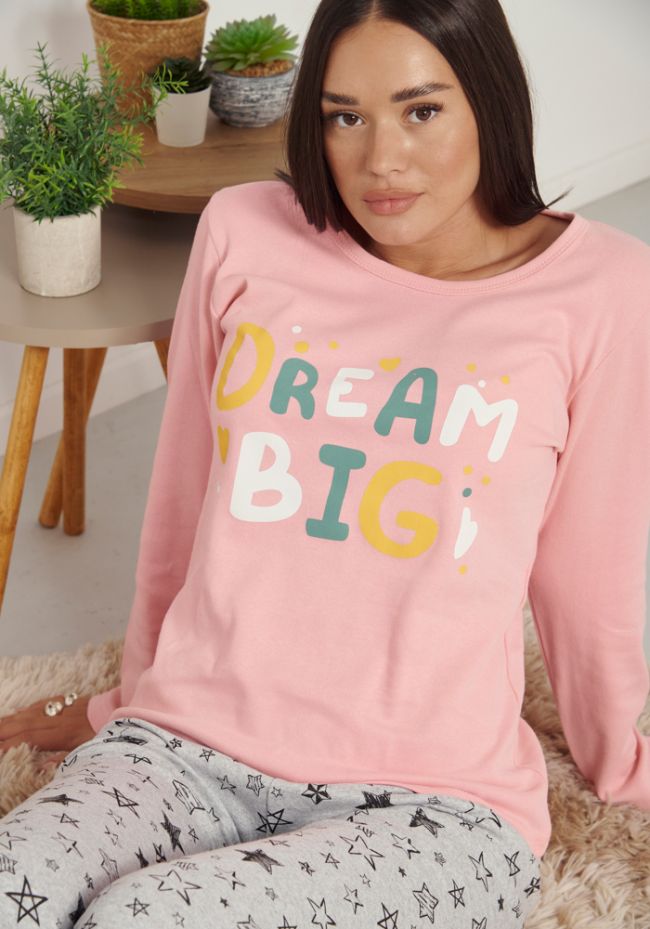 Πιτζάμα γυναικεία με logo Dream Big και παντελόνι με αστέρια