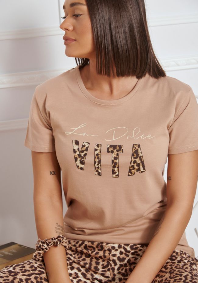 Πιτζάμα γυναικεία με μακρύ παντελόνι leopard print και logo
