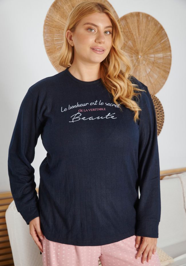 Πιτζάμα γυναικεία plus size με γράμματα και πουά παντελόνι