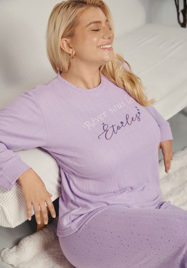 Πιτζάμα γυναικεία plus size με logo και αστεράκια στο παντελόνι