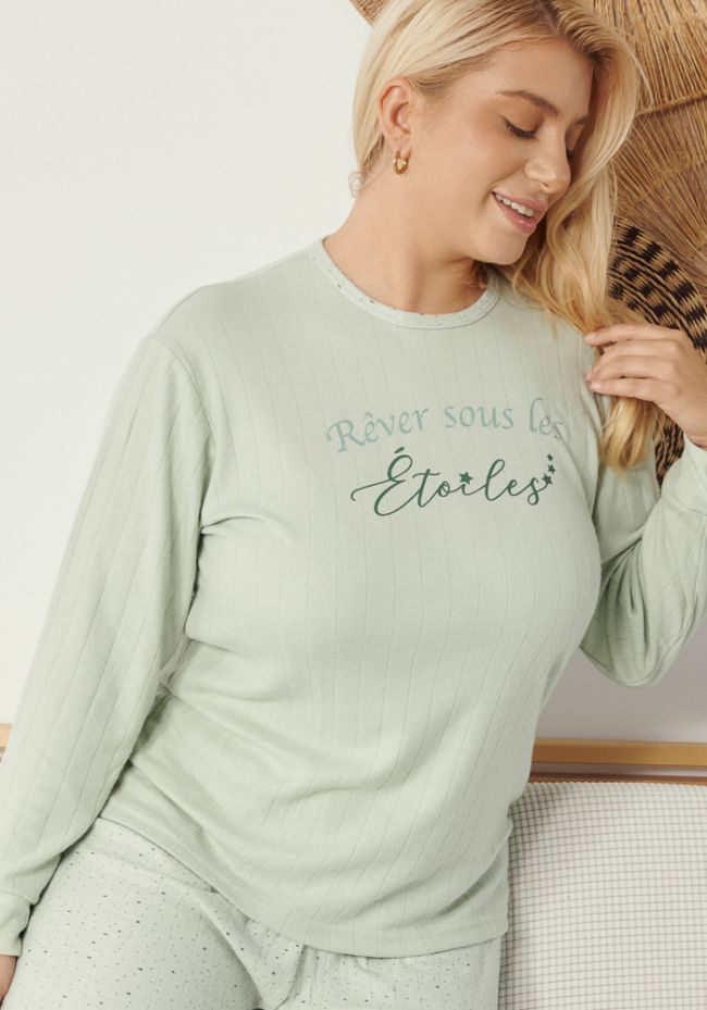 Πιτζάμα γυναικεία plus size με logo και αστεράκια στο παντελόνι