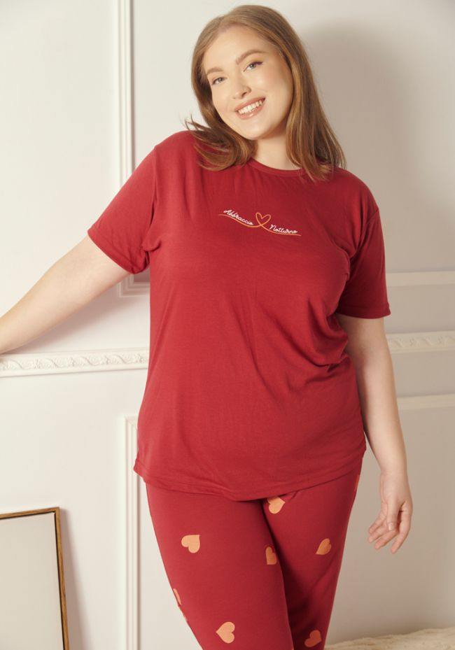 Πιτζάμα γυναικεία plus size με μακρύ παντελόνι με καρδιές και logo