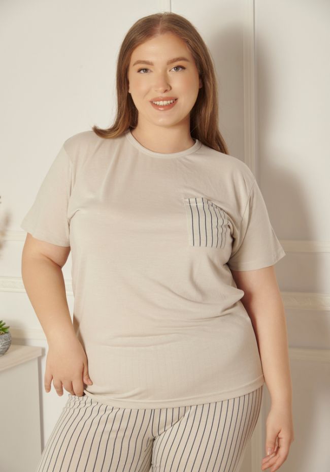 Πιτζάμα γυναικεία plus size με ριγέ μακρύ παντελόνι και τσεπάκι