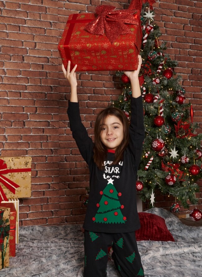 Children's Christmas pajamas with fir trees and logo