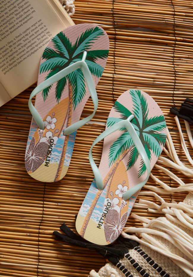 Women's flip flops with palm tree and surf