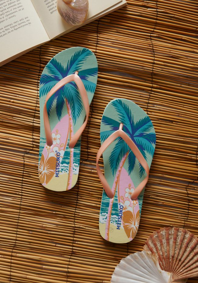 Women's flip flops with palm tree and surf