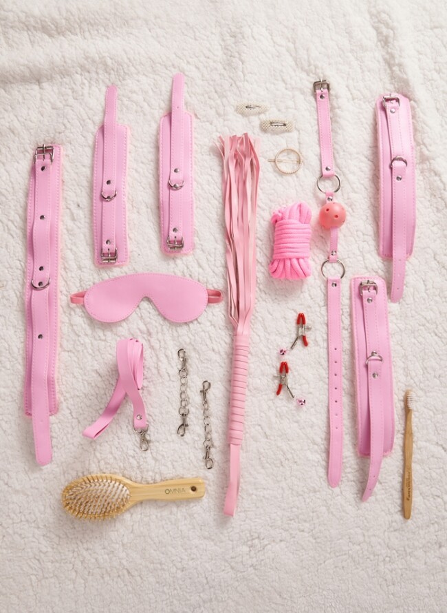 Set of erotic accessories (handcuffs-mask-whip-collar-gag-rope-nipple clamps)