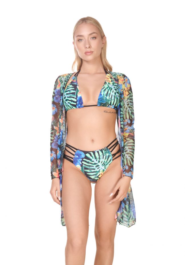 Σετ μαγιό μπικίνι τρίγωνο floral print με κιμονό