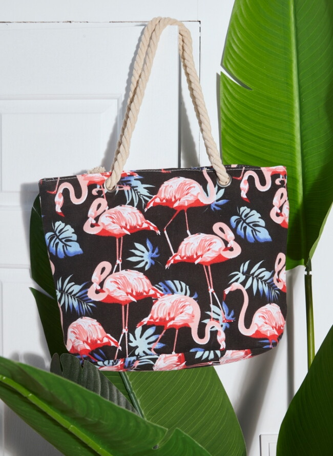 Fabric bag with leaves and flamingos (44x14x32cm)