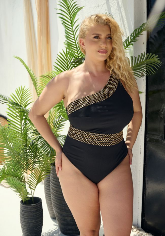 Plus size μαγιό ολόσωμο με έναν ώμο και πλεκτές λεπτομέρειες