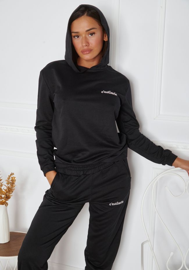 Homewear γυναικείο με logo c'est la vie και κουκούλα